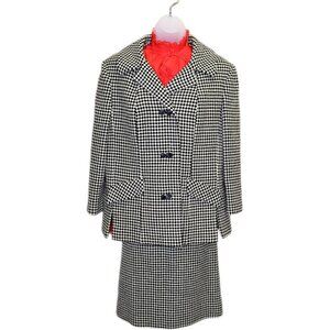 Vintage 60s Houndstooth Skirt Suit Womens L Plaid Jacket Pencil Skirt Set